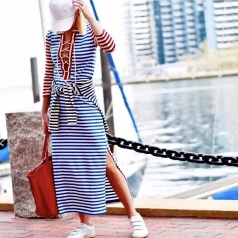 J. Crew Navy and White Striped Lace-Up Midi Dress with Red Accents